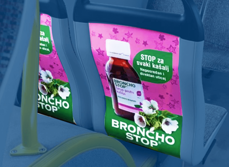 Indoor oglasavanje Info Media Group - Broncho Stop NALJEPNICE NA SJEDIŠTIMA